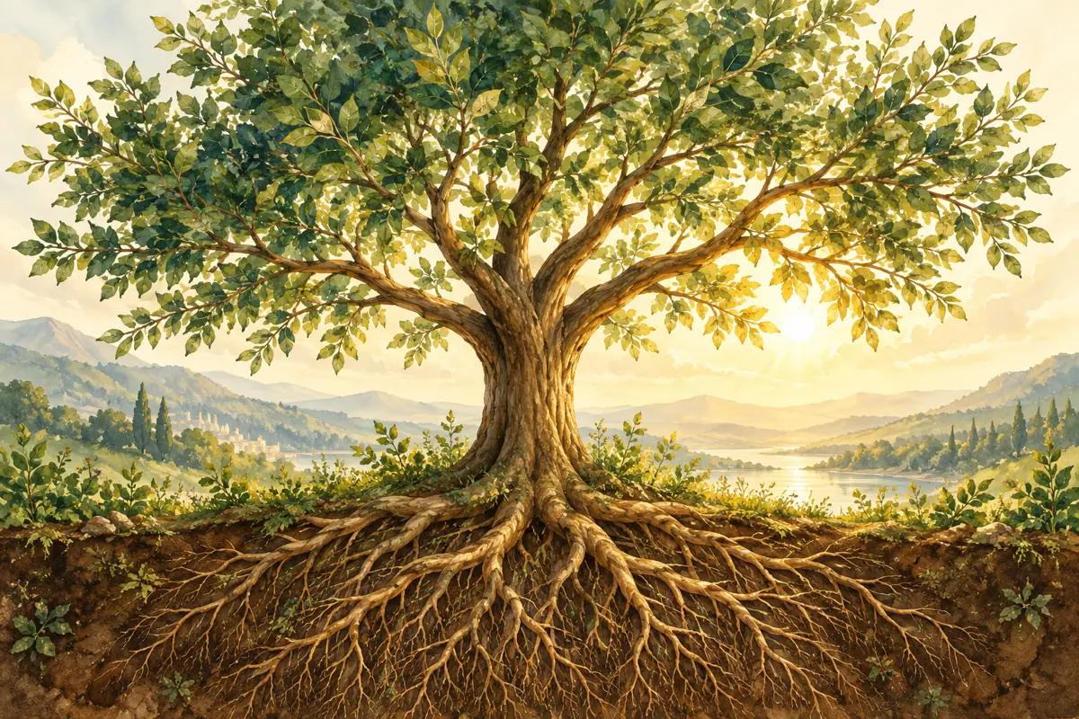 Symbolic illustration of a leafy tree with deep roots
