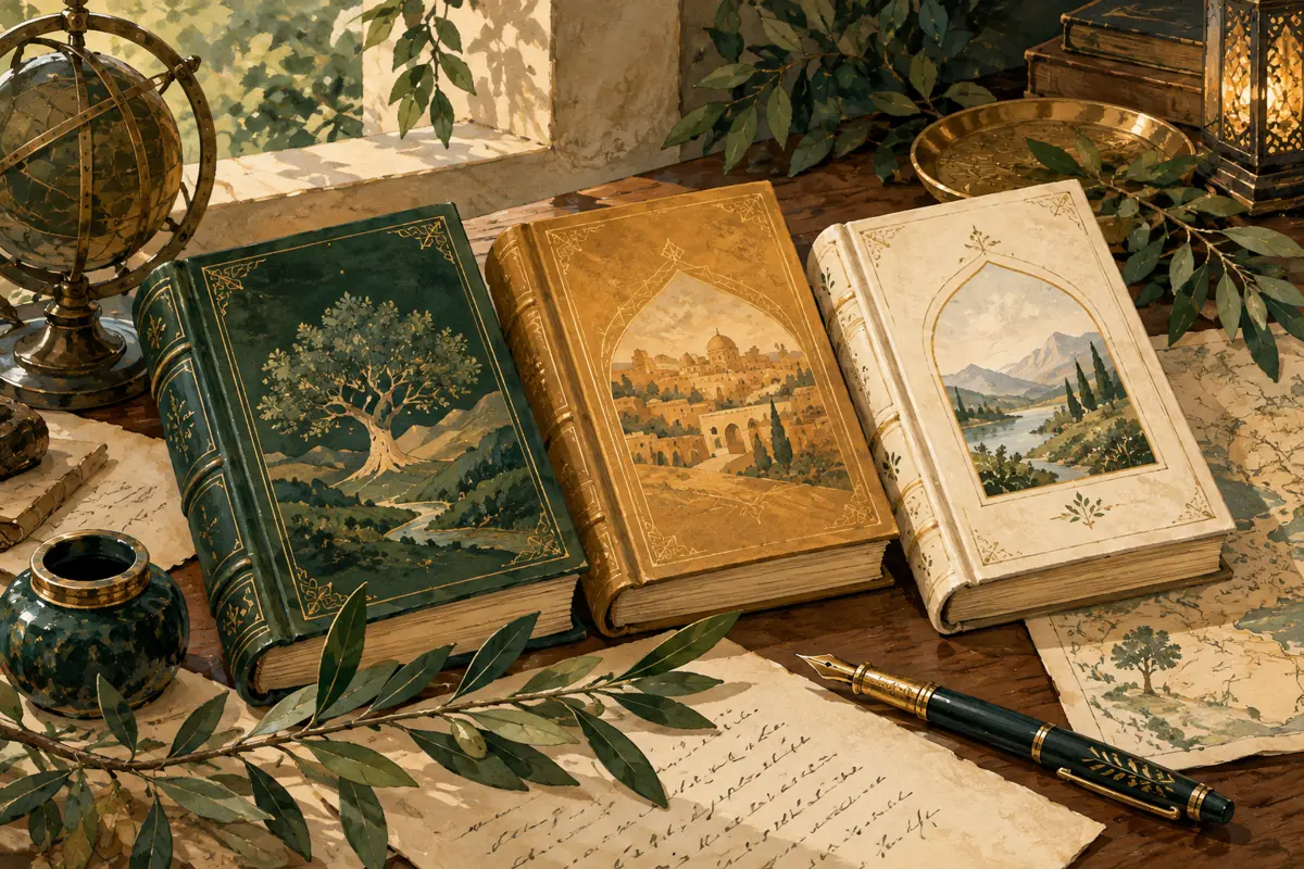 Illustration of three books representing history, tradition and reflection