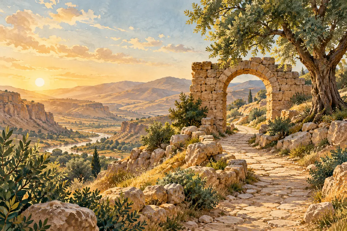 Imagined heritage landscape with a stone arch and walking path