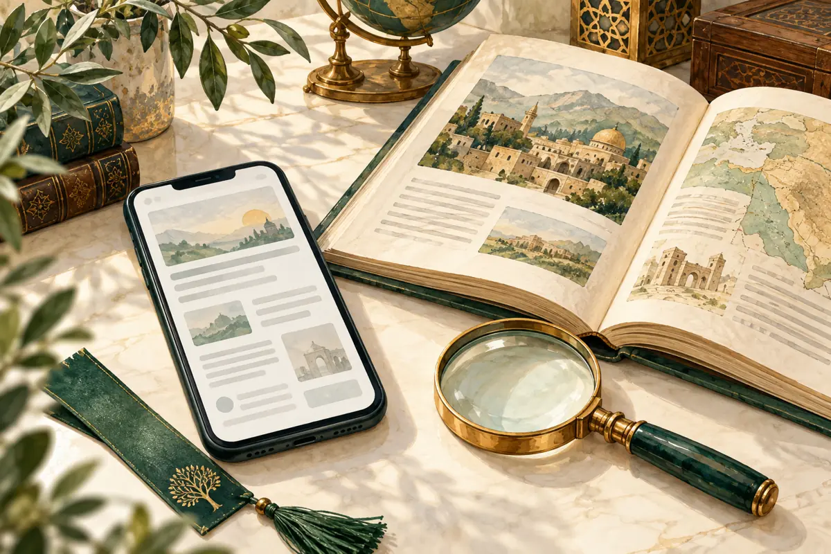 Illustration of a smartphone beside a reference book and magnifying glass