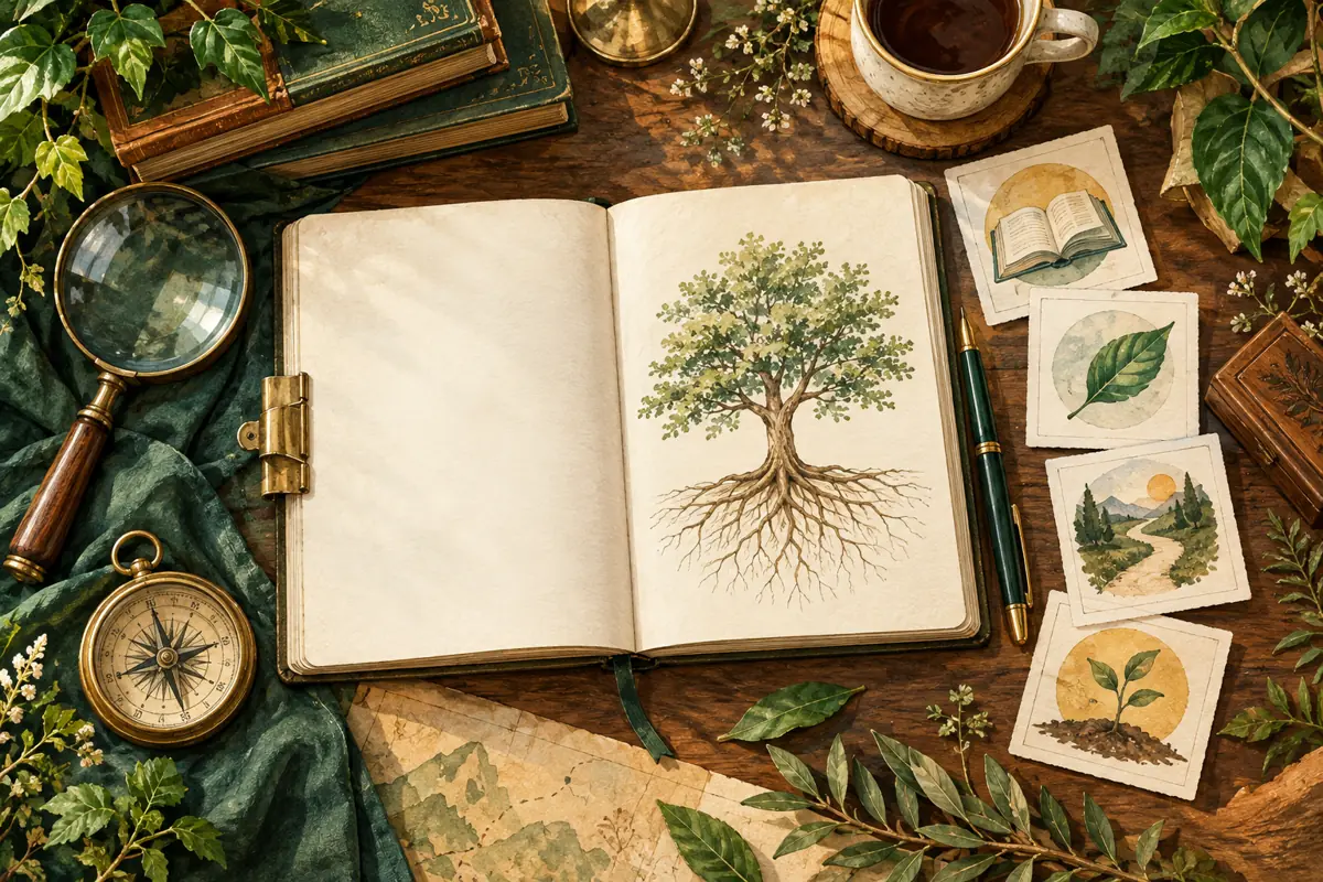 Original illustration of a tree sketch, reference cards, compass and magnifying glass