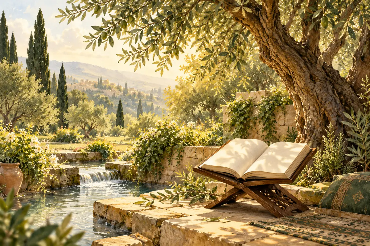 Original illustration of an open book in a peaceful leafy garden