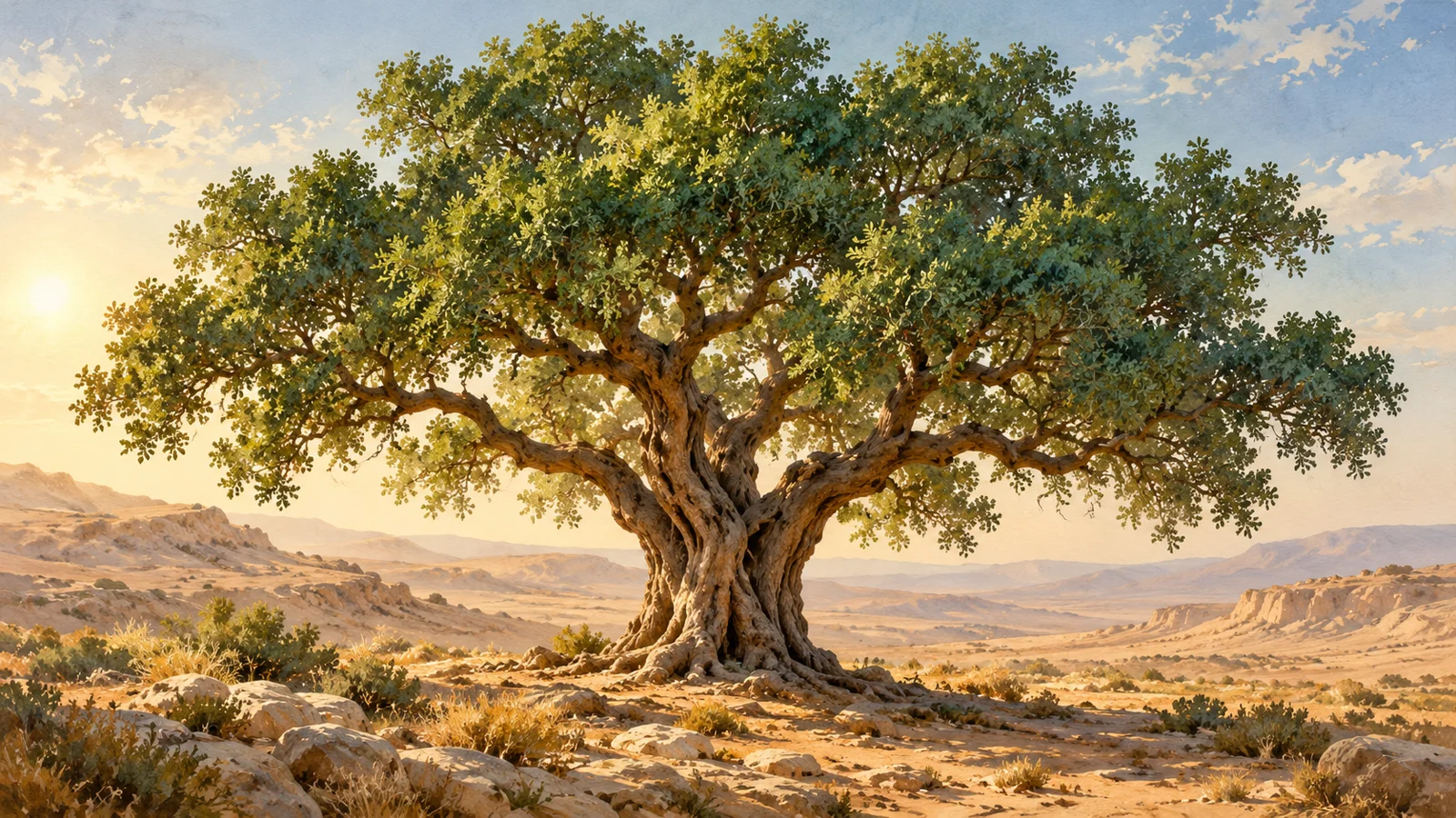 Original artistic interpretation of a spreading green tree in a desert landscape