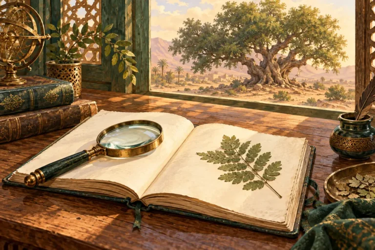 Illustration of a reference book, magnifying glass and pressed leaf beside a window overlooking a tree