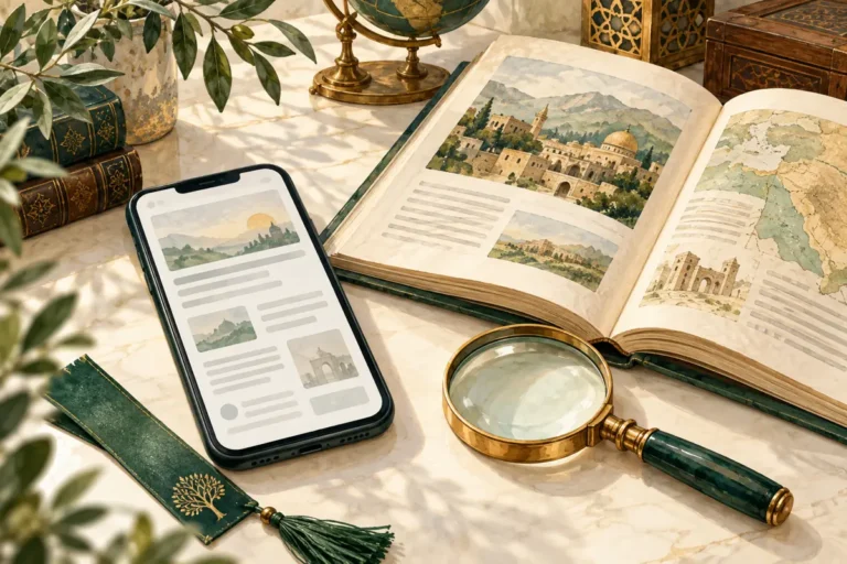 Illustration of a smartphone beside a reference book and magnifying glass